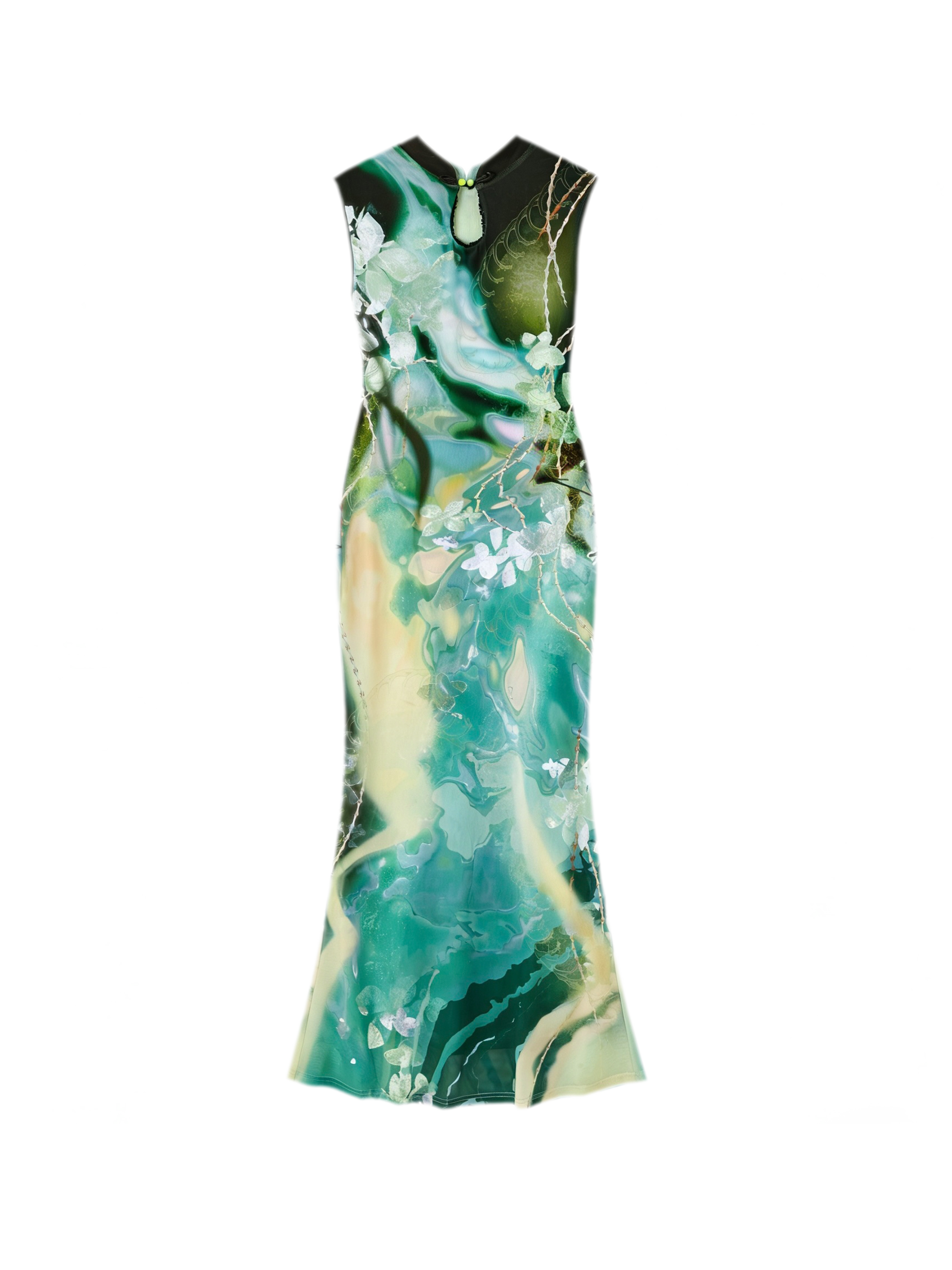 Black Rose Impressionist Print High-Waist Mermaid Dress