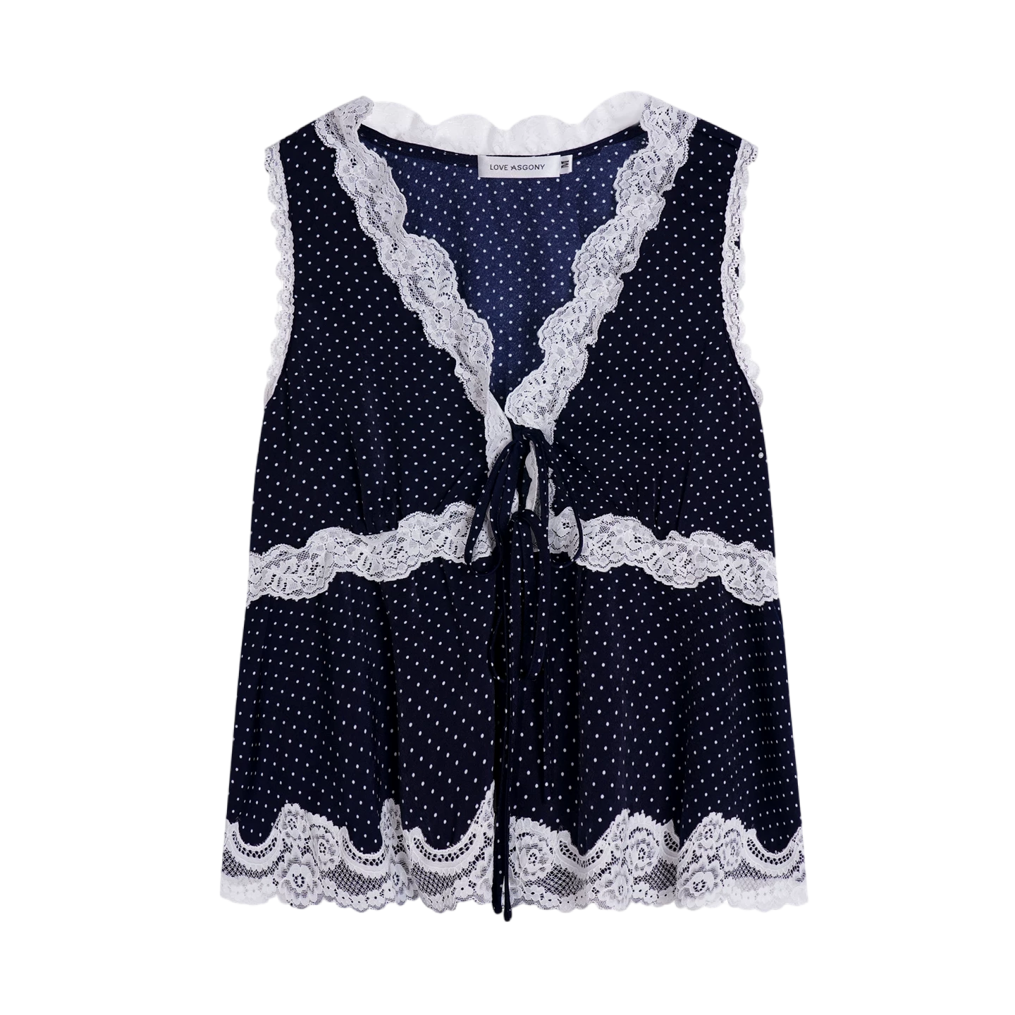 V-Neck Lace Polka Dot Waist-Defined Sleeveless Top