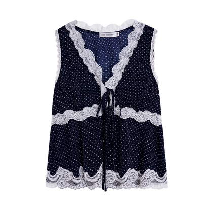 V-Neck Lace Polka Dot Waist-Defined Sleeveless Top