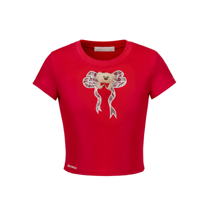 Spring/Summer 2026 Lace Bow Short Sleeve T-shirt