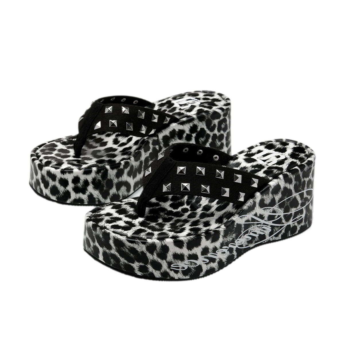Studded Animal Print Platform Slides