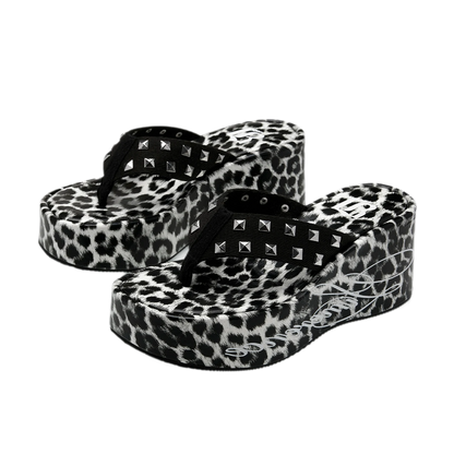 Studded Animal Print Platform Slides