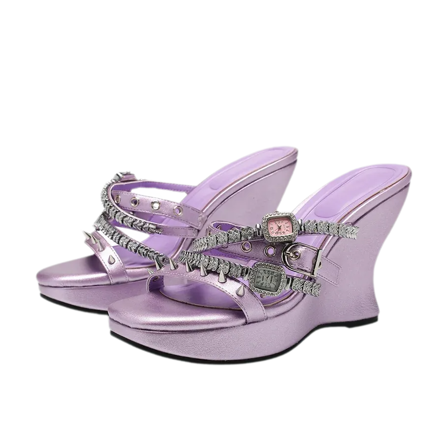 Rhinestone Strap Wedge Mules