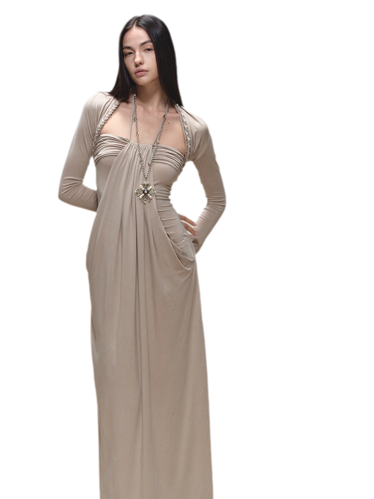 Laisel Handwoven Twist Metallic Chain Pleated Halter Dress