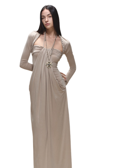 Laisel Handwoven Twist Metallic Chain Pleated Halter Dress