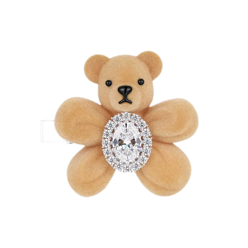 Pinza para el cabello con oso flocado y piedras preciosas