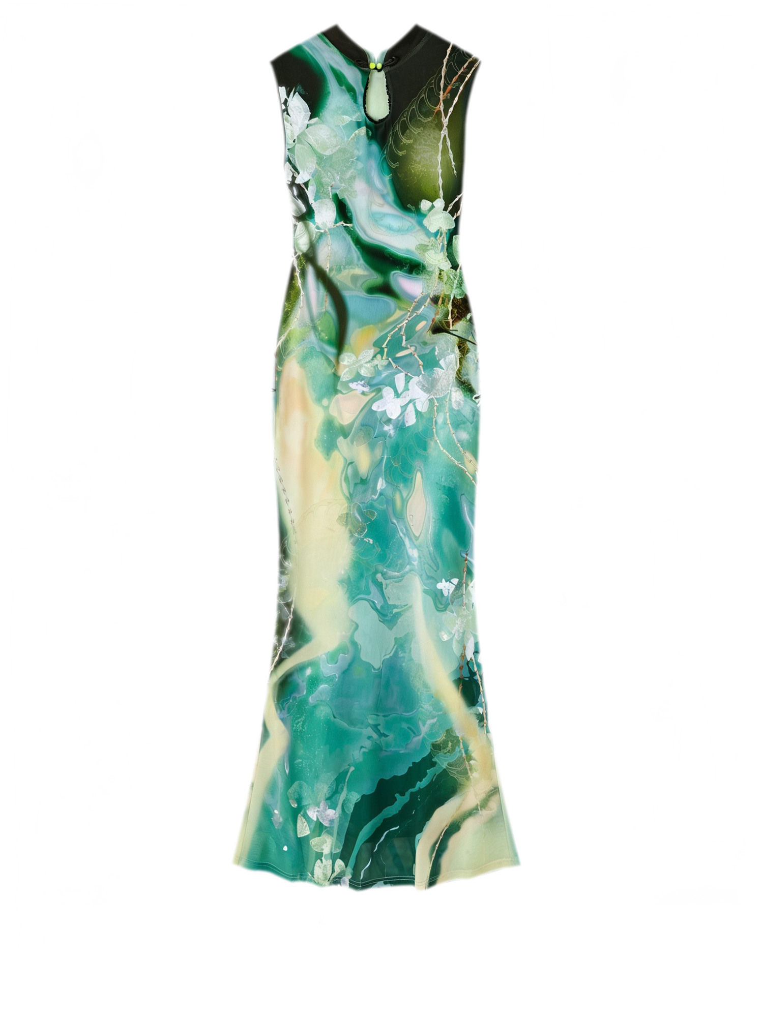 Black Rose Impressionist Print High-Waist Mermaid Dress