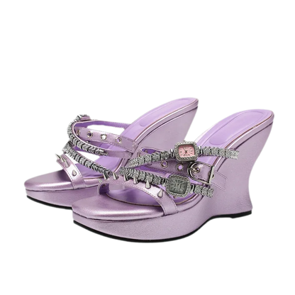 Rhinestone Strap Wedge Mules