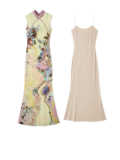 Roman Poem Printed Sleeveless Qipao Dress