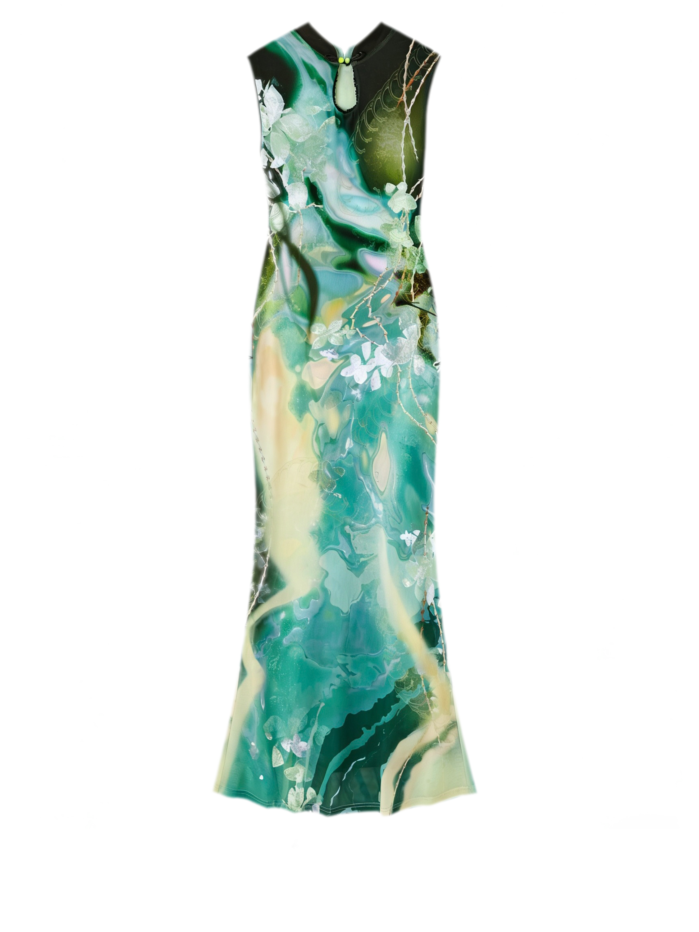 Black Rose Impressionist Print High-Waist Mermaid Dress