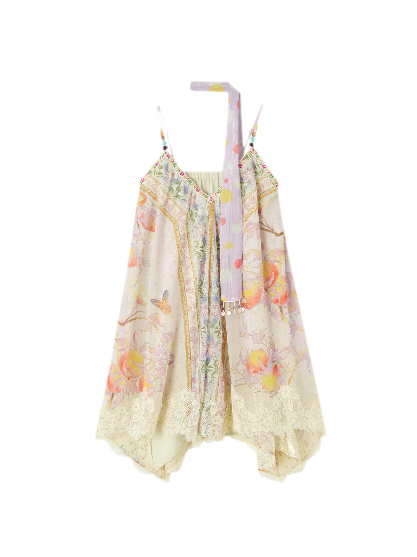 Peach Branch Print Metallic Chiffon Dress