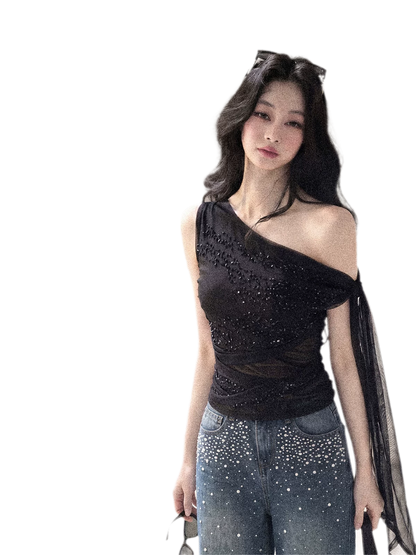 Mesh Drape Rhinestone Top | Final Sale
