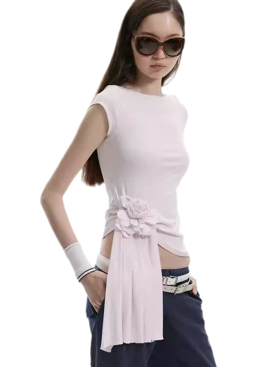 Asymmetric Flower Short Sleeve Top