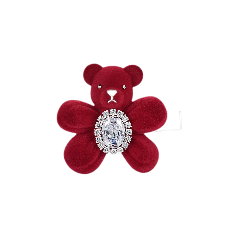 Pinza para el cabello con oso flocado y piedras preciosas