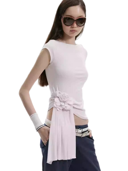 Asymmetric Flower Short Sleeve Top