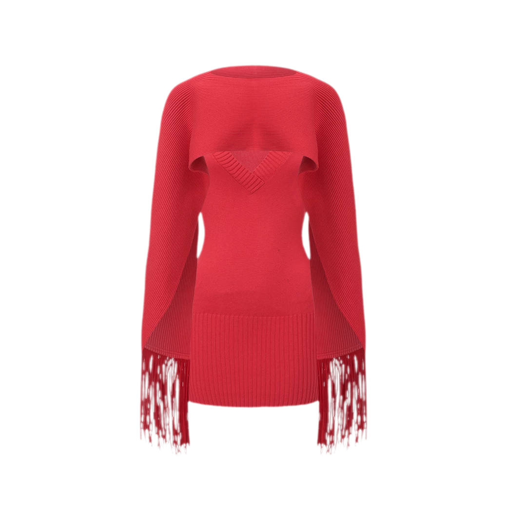 Deep V Fringe Knit Dress