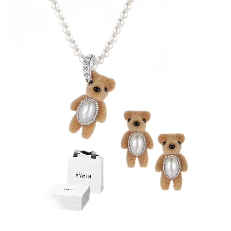 Flocked Teddy Bear Necklace