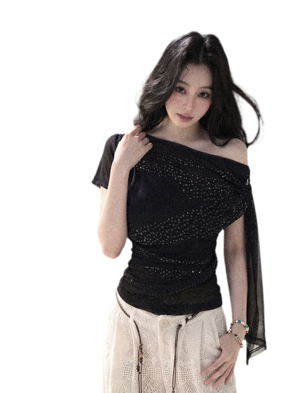 Mesh Drape Rhinestone Top | Final Sale