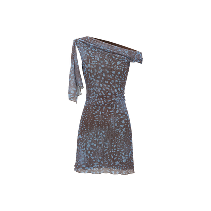 Asymmetrical Shoulder Floral Ribbon Fitted Dress