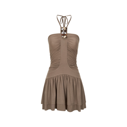 Draped Tencel Halter Neck Beaded Waist Dress