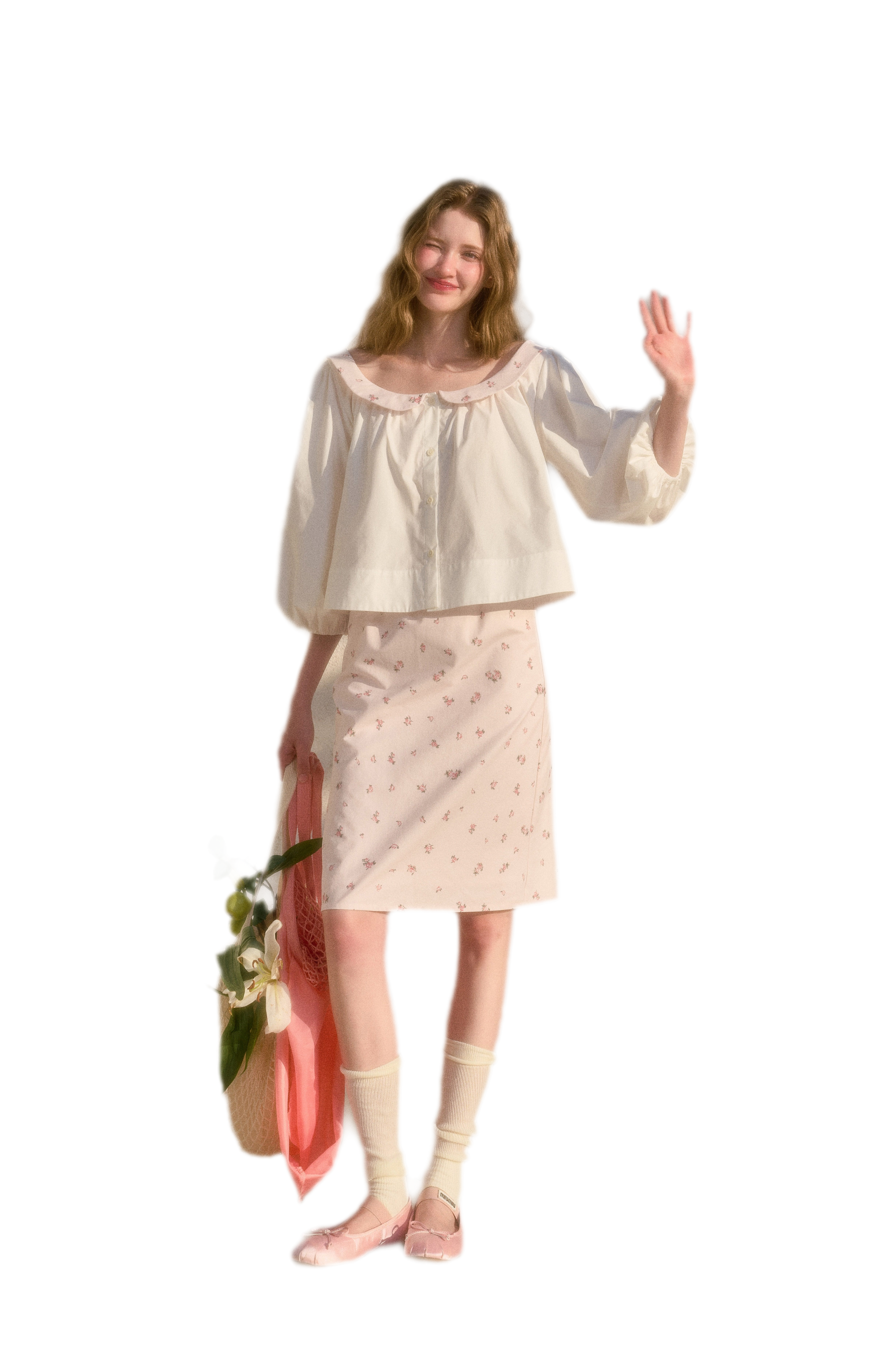Floral Puff-Sleeve Blouse Skirt Set