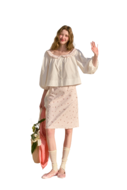 Floral Puff-Sleeve Blouse Skirt Set