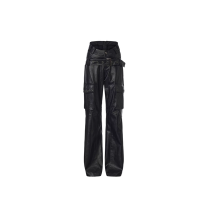 24ANS Grunge Oversized Faux Leather Cargo Pants – Straight-Leg Pants