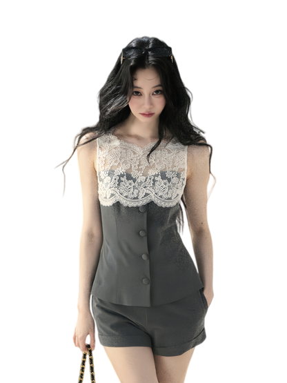 Lace Trim Top Shorts Set