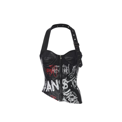 Studded Graffiti Leather Halter Corset