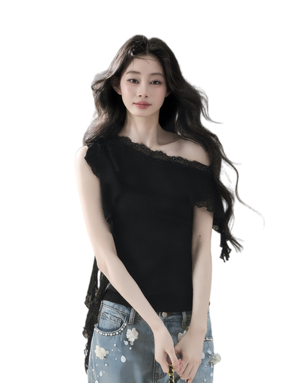Lace One-Shoulder Crop Tee