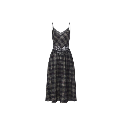 Grunge Plaid Lace Panel Slip Dress
