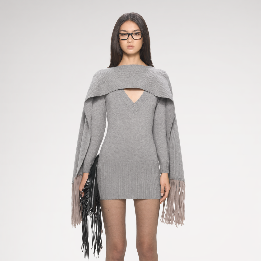 Deep V Fringe Knit Dress