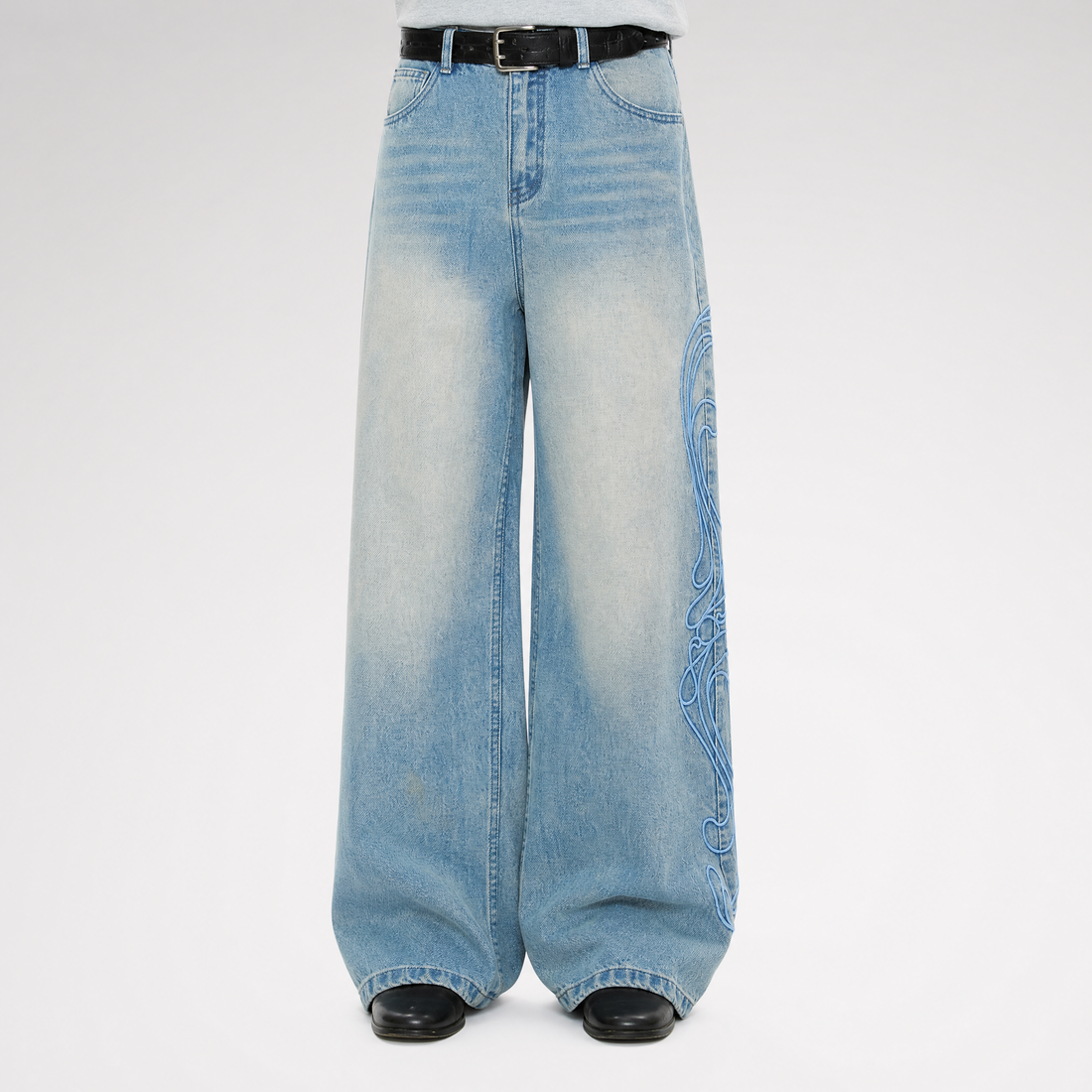 Washed Embroidered Wide-Leg Jeans