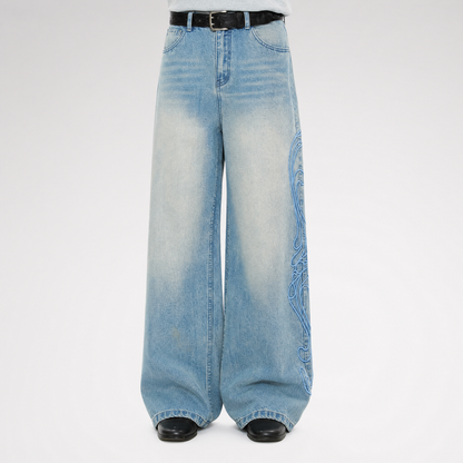 Washed Embroidered Wide-Leg Jeans