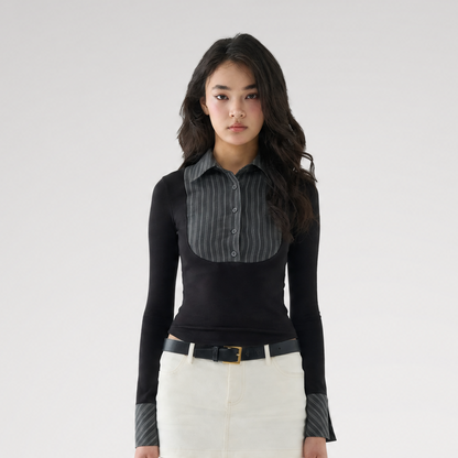 Striped Contrast Collar Shirt Top