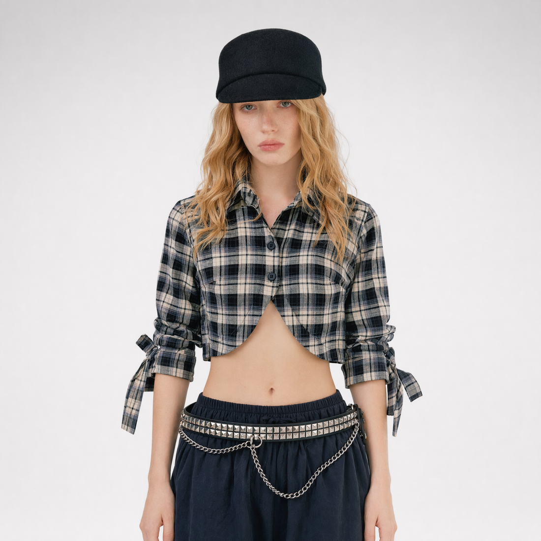 Plaid Cropped Bow Shirt
