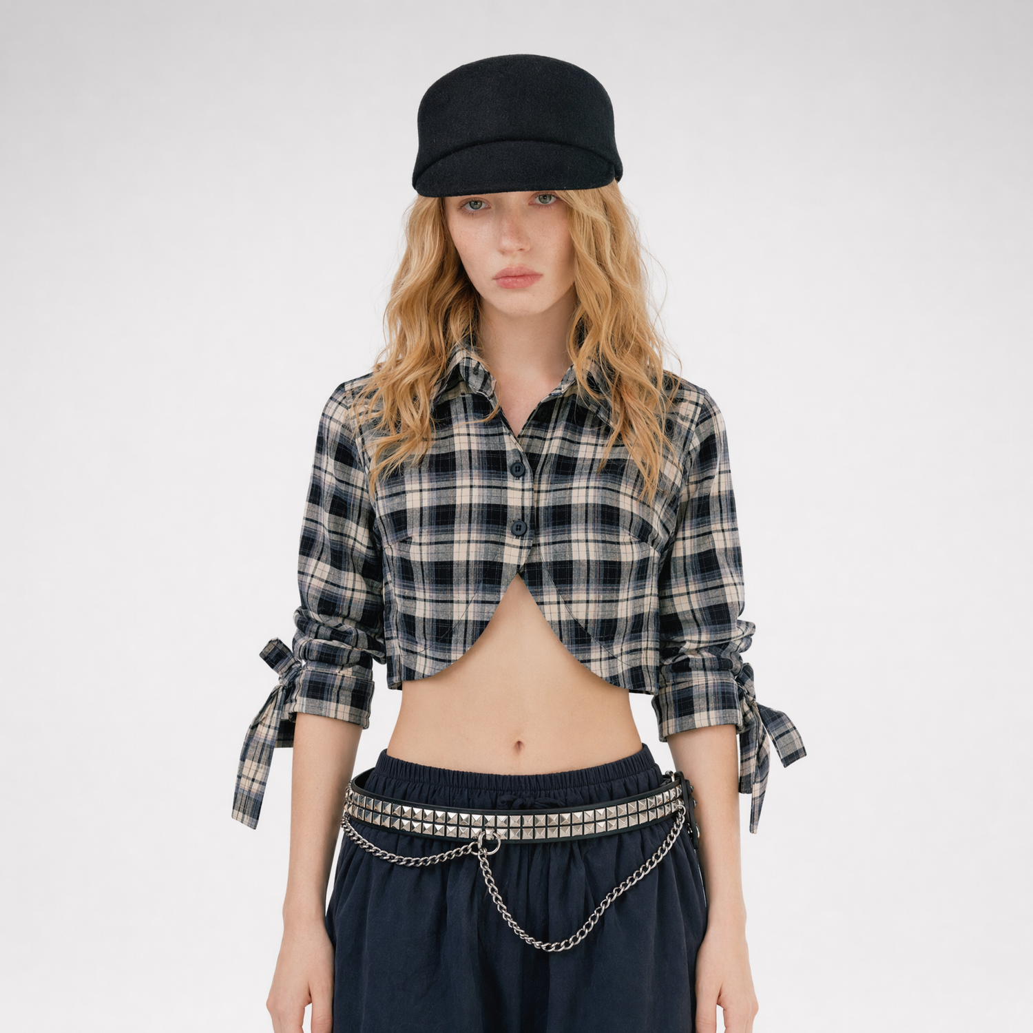 Plaid Cropped Bow Shirt