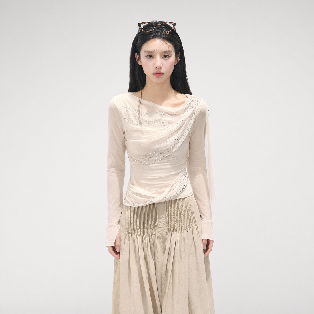 Mesh Drape Rhinestone Top