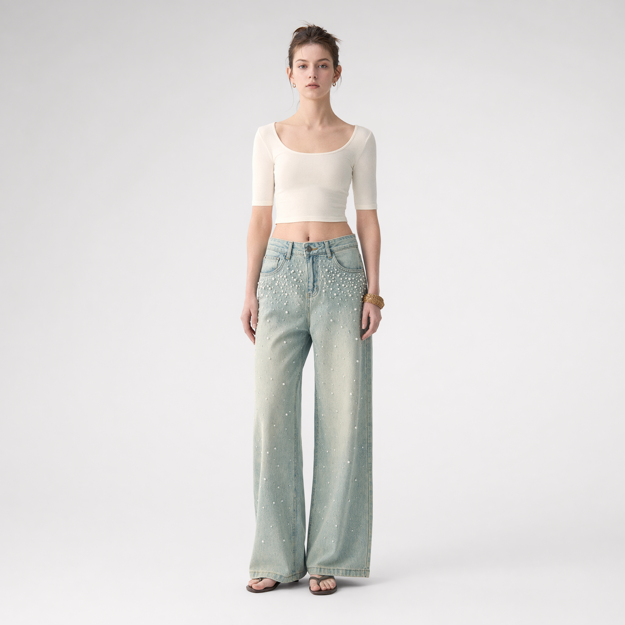 Washed Pearl Wide-Leg Jeans
