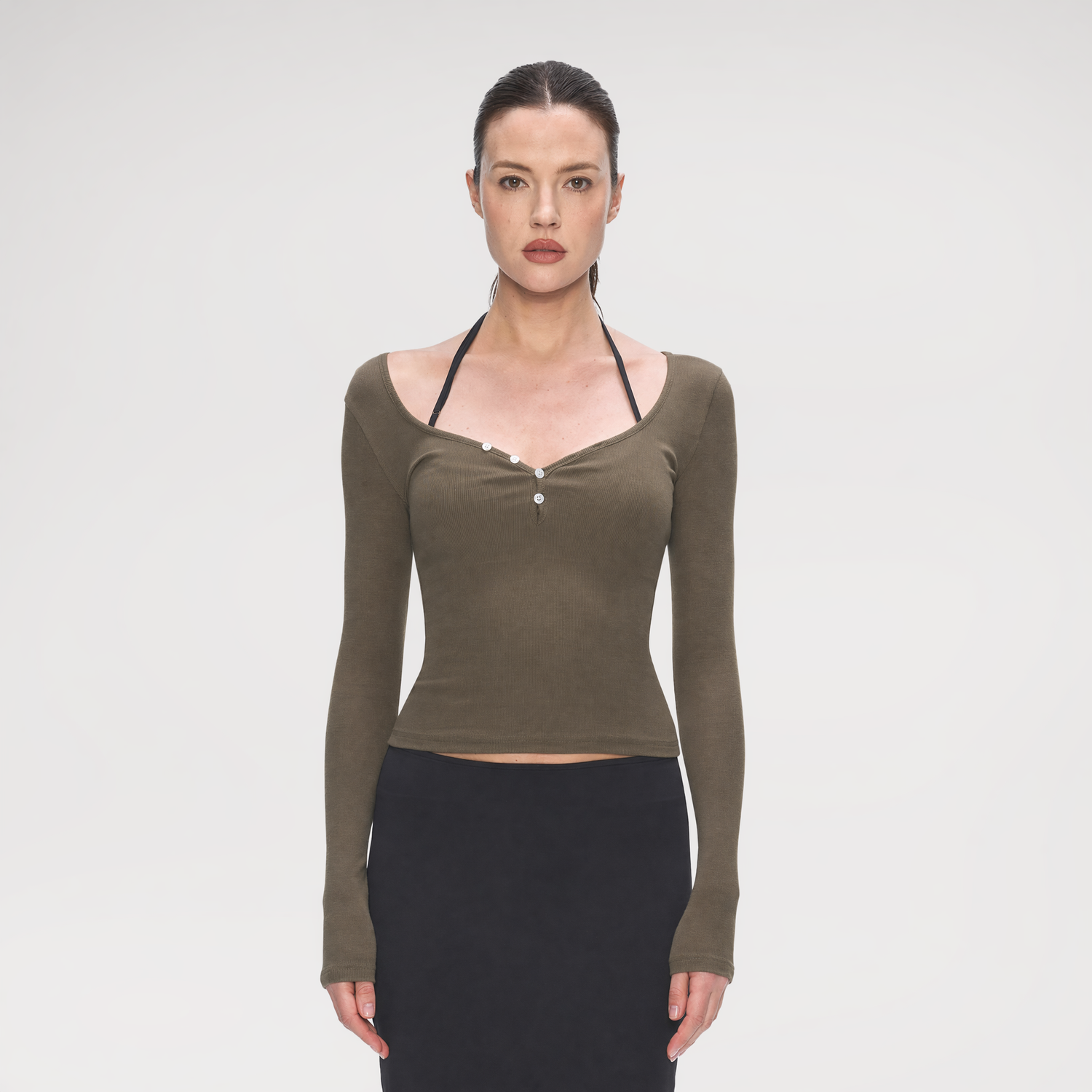 Ribbed V-Neck Button Top