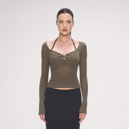 Ribbed V-Neck Button Top