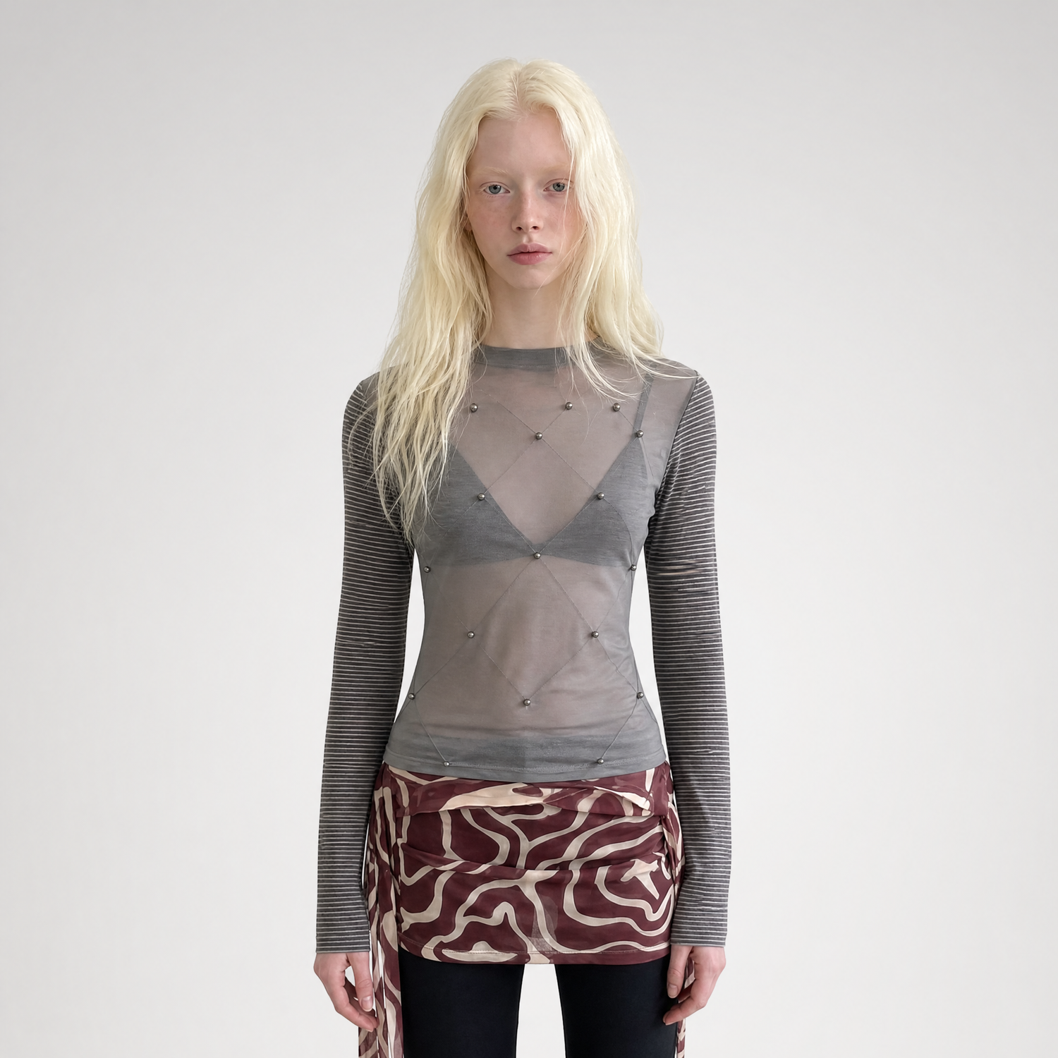 Sheer Studded Stripe Long-Sleeve Top