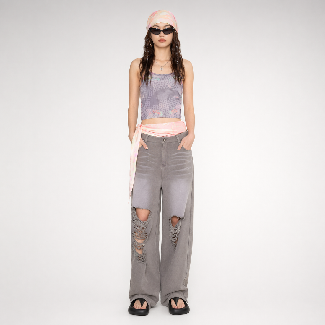 Washed Distressed Straight Pants