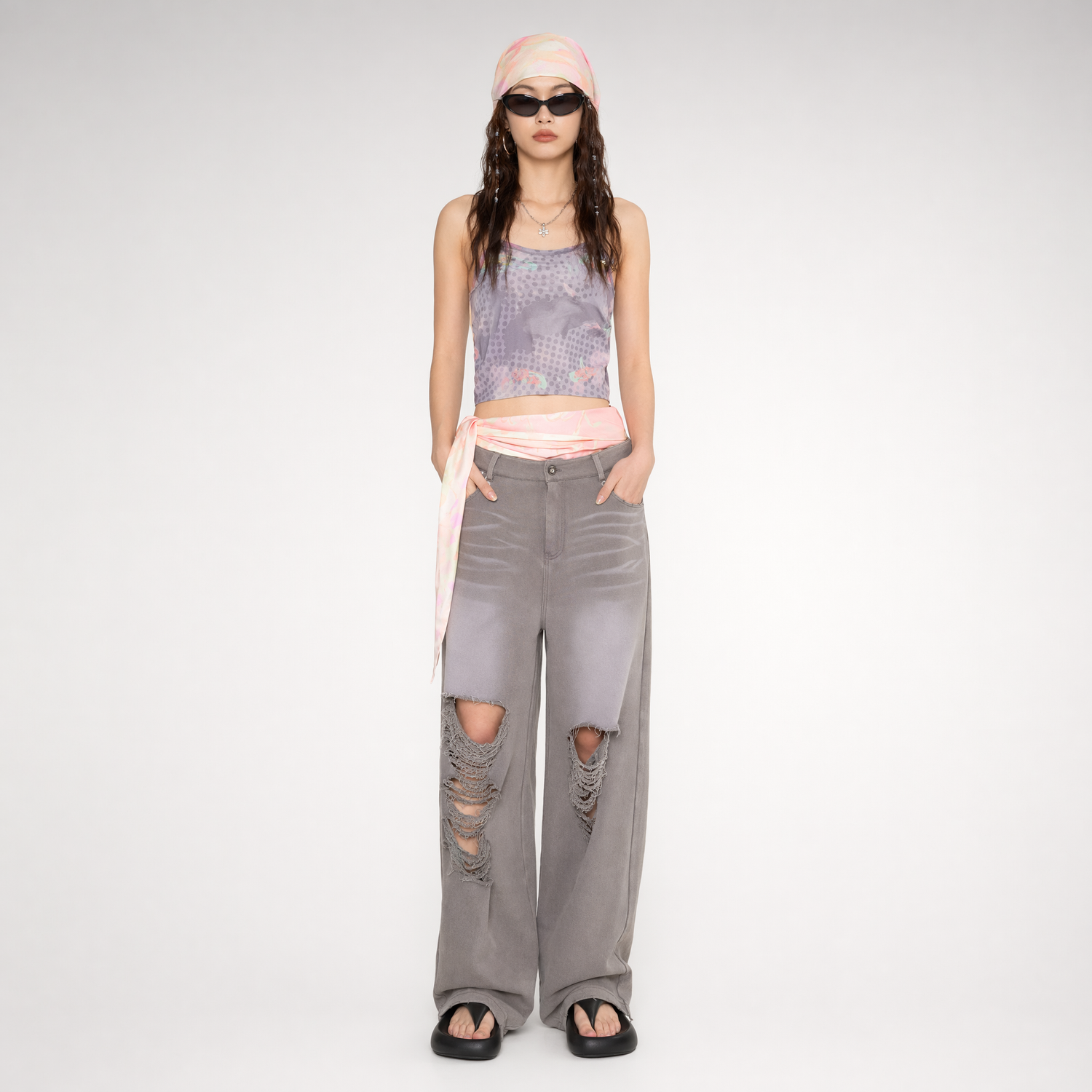 Washed Distressed Straight Pants