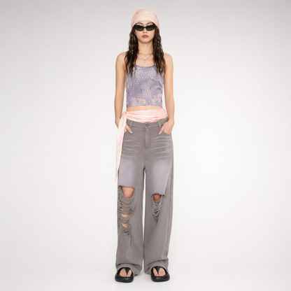 Washed Distressed Straight Pants