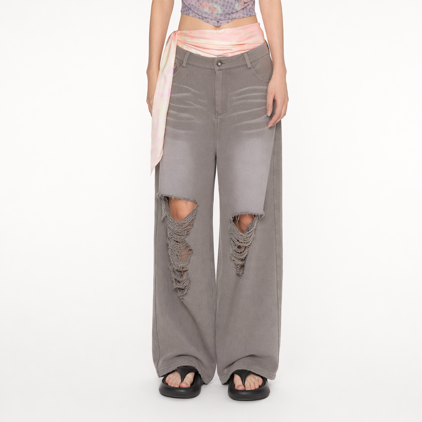 Washed Distressed Straight Pants