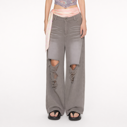 Washed Distressed Straight Pants