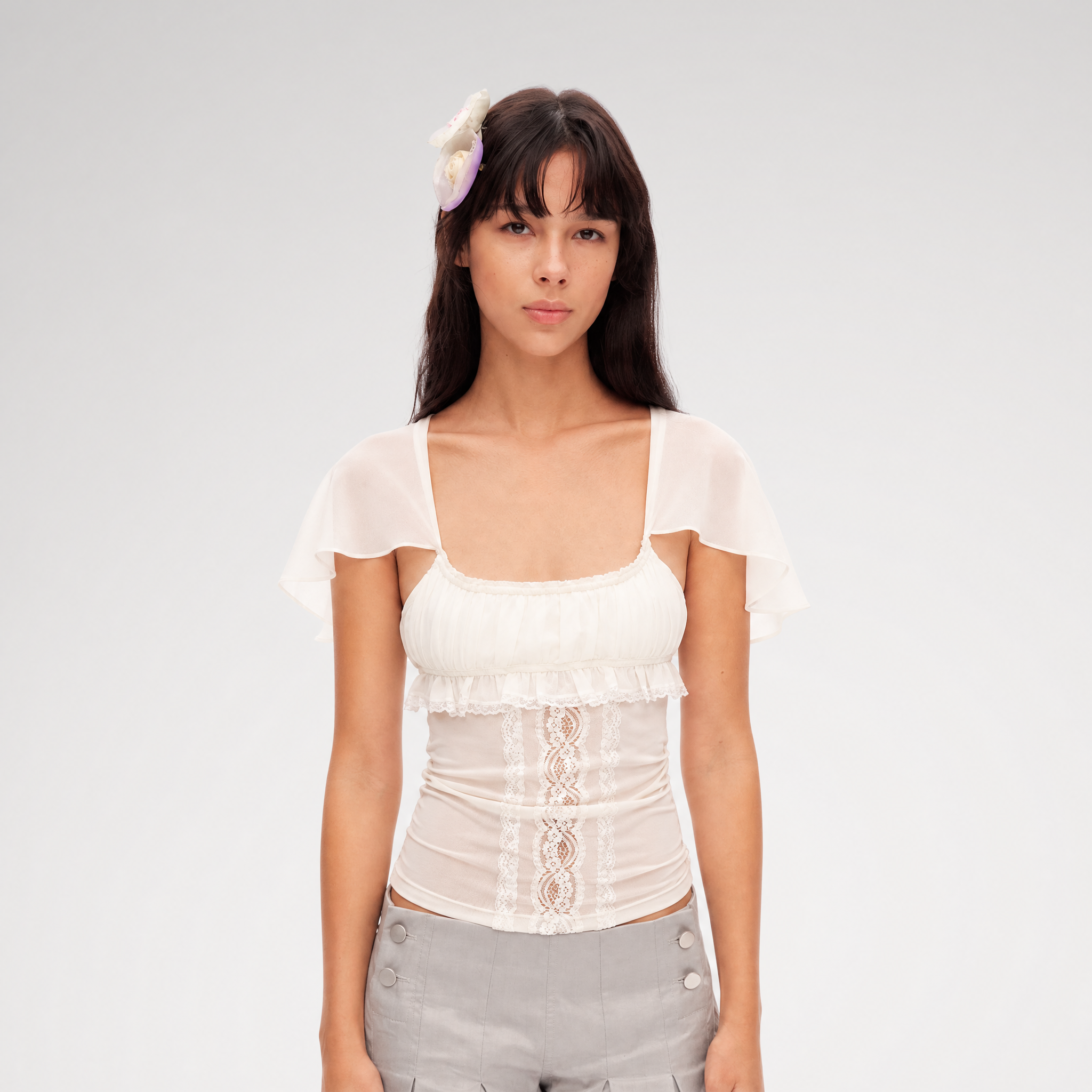 Lace Ruffle Fitted Chiffon Top