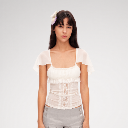 Lace Ruffle Fitted Chiffon Top