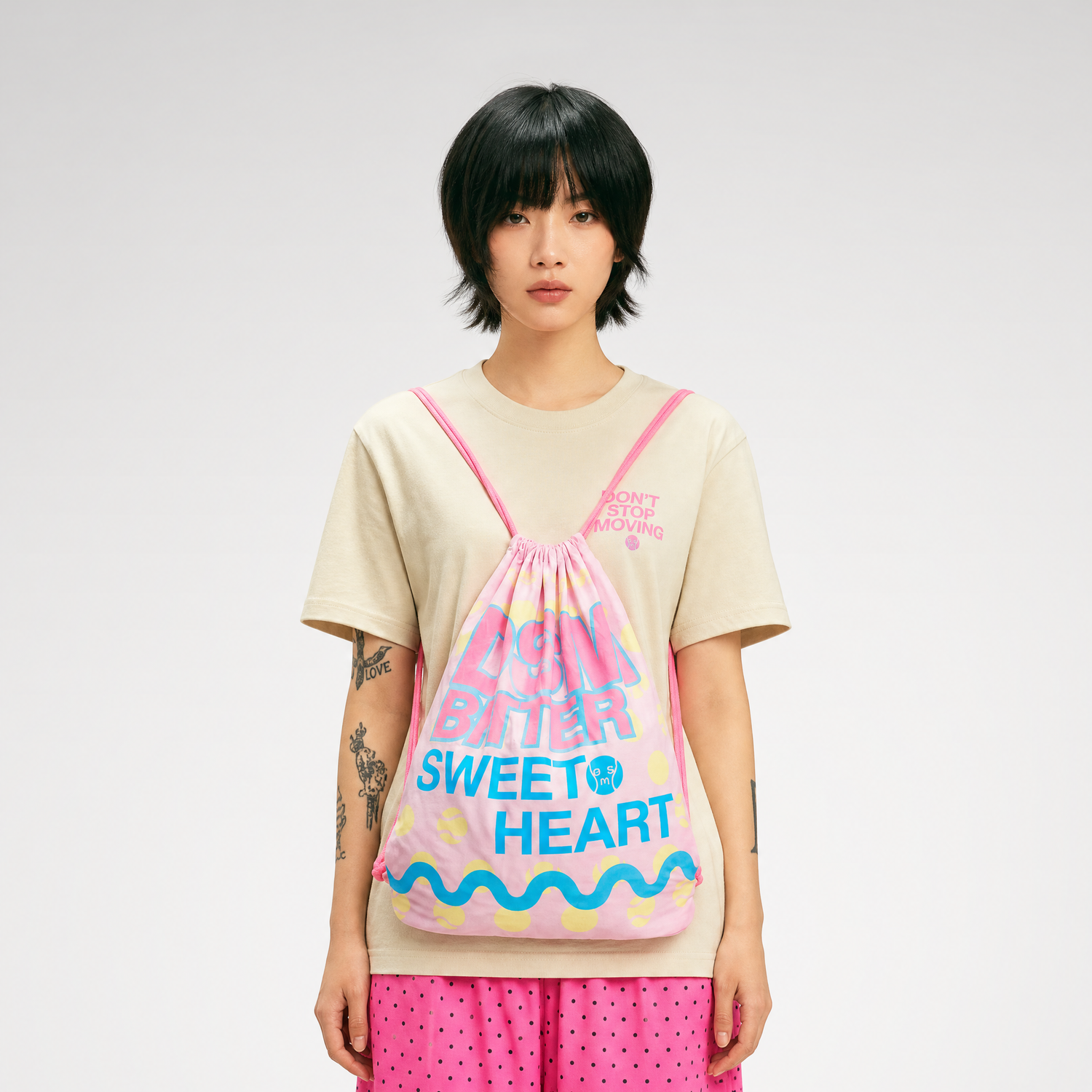 Screen-Printed Drawstring Shoulder Bag